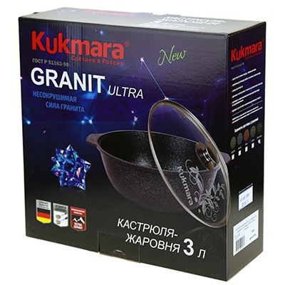 "Granit Ultra" Кастрюля с тефлоновым покрытием 3л, д26см, h9см, стеклянная жаропрочная крышка, ручка из термостойкого пластика, гранитный (Россия) - можно истпользовать металлические кухонные принадлежности