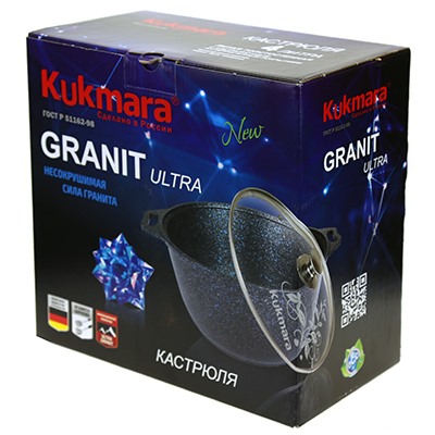 "Granit Ultra" Кастрюля с тефлоновым покрытием 2л, д20см, h10,5см, стеклянная жаропрочная крышка, ручка из термостойкого пластика, гранитный (Россия) - можно истпользовать металлические кухонные принадлежности