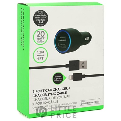 Автомобильное зарядное устройство USB - 2 порта 2.1А, USB - Lightning 1.2м - черная