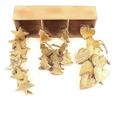 Украшения подвесные Golden Stars/Trees/Hearts, деревянные, в подарочной коробке, 24 шт. / Бренд: EnjoyMe /
