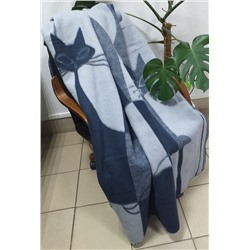 Одеяло 100% шерсть Мериноса  170х205  Кошки ( синий)
