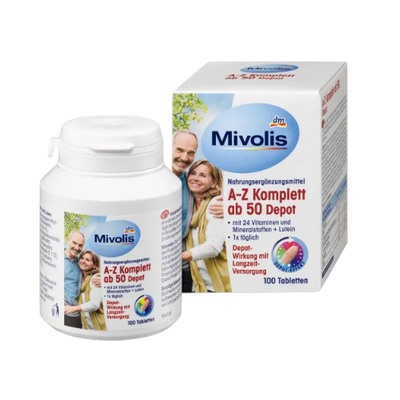 Mivolis A-Z Komplett ab 50 Tabletten Дас Гезунде Плюс, Комплексные витамины против старения От А до Z Komplett, для людей старше 50 лет, 100 шт