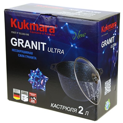 "Granit Ultra" Кастрюля с тефлоновым покрытием 2л, д20см, h10,5см, стеклянная жаропрочная крышка, ручка из термостойкого пластика, красный гранит (Россия) - можно истпользовать металлические кухонные принадлежности