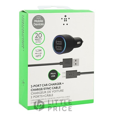 Автомобильное зарядное устройство USB - 2 порта 2.1А, USB - Micro USB 1.2м - черная