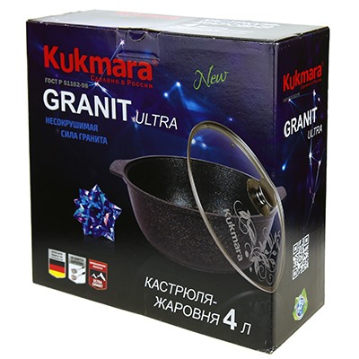 "Granit Ultra" Кастрюля с тефлоновым покрытием 4л, д26см, h10,5см, стеклянная жаропрочная крышка, ручка из термостойкого пластика, гранитный (Россия) - можно истпользовать металлические кухонные принадлежности