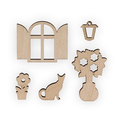 Заготовки для декорирования "Mr. Carving" ВД-522 Мини-набор "Окно, цветы, фонарик, кошка" фанера 1.3х4.5 см .