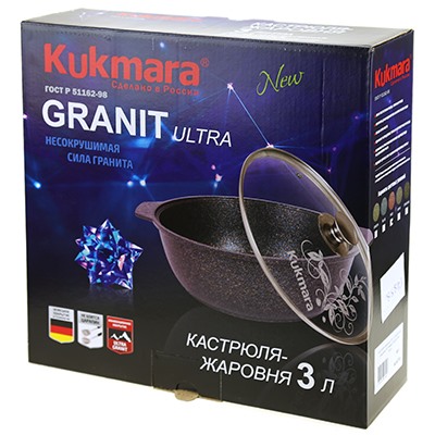 "Granit Ultra" Кастрюля с тефлоновым покрытием 3л, д26см, h9см, стеклянная жаропрочная крышка, ручка из термостойкого пластика, красный гранит (Россия) - можно истпользовать металлические кухонные принадлежности