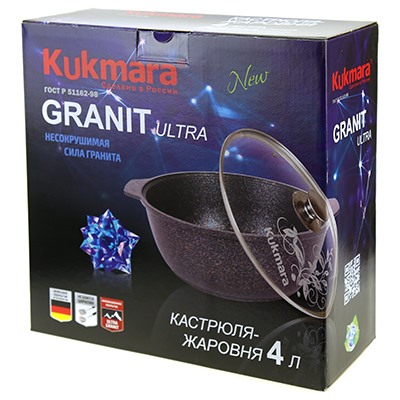 "Granit Ultra" Кастрюля с тефлоновым покрытием 4л, д26см, h10,5см, стеклянная жаропрочная крышка, ручка из термостойкого пластика, красный гранит (Россия) - можно истпользовать металлические кухонные принадлежности