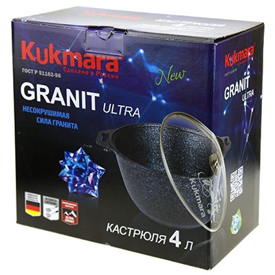 "Granit Ultra" Кастрюля с тефлоновым покрытием 4л, д24см, h14см, стеклянная жаропрочная крышка, ручка из термостойкого пластика, красный гранит (Россия) - можно истпользовать металлические кухонные принадлежности